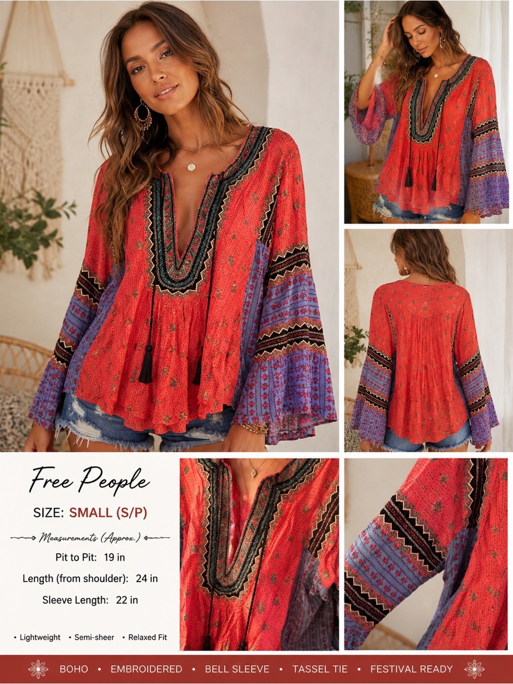 Free People Boho Embroidered Tassel Bell Sleeve Peasant Blouse Small S - Picture 2 of 10